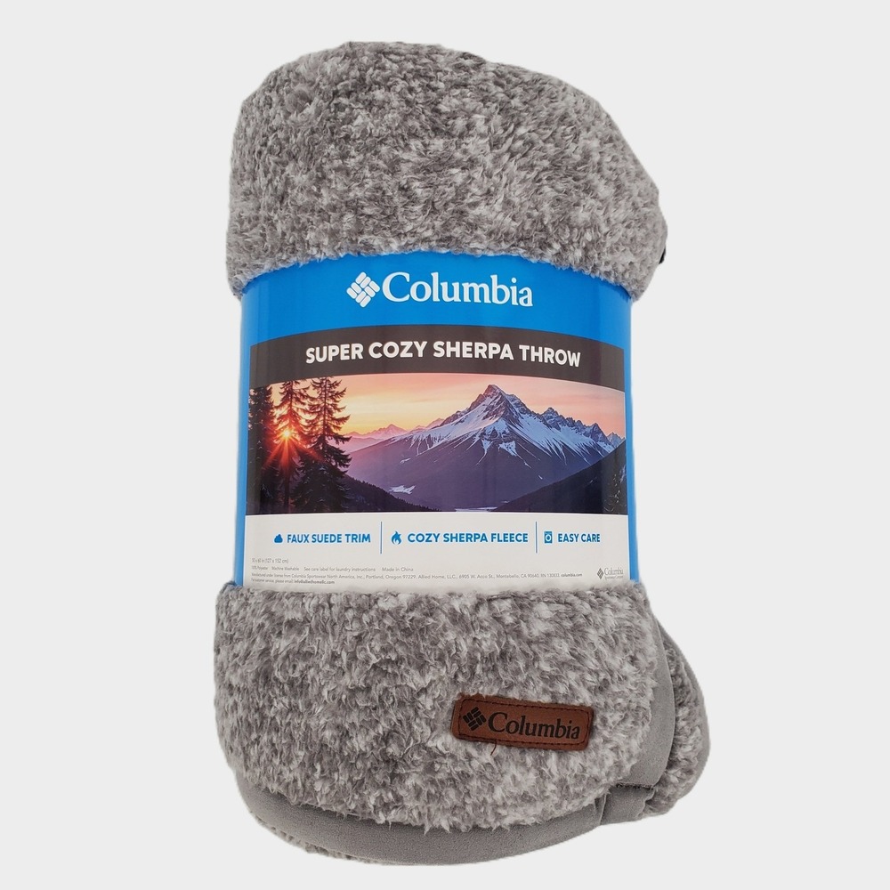Columbia Super Cozy Sherpa Throw Blanket Gray Faux Suede Trim 50x60 DT001508A
